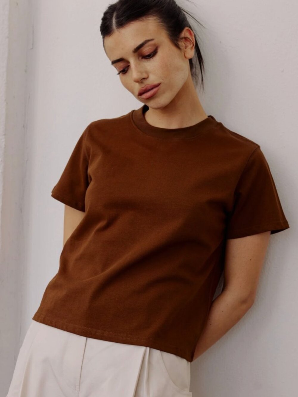 All:Row Thick Cotton Crewneck Boxy Everyday Tee Shirt in Warm Brown S $68